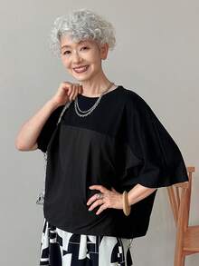 FRIFUL Women's Casual Woven Fabric Blouse, Round Neck Half Sleeve Top With Drawstring Detail And Regular Length - Black - View 2