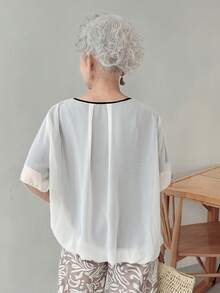 FRIFUL ملابس علوية نسائي كاجوال فضفاض من الشيفون والشبك بلون متباين، ملابس علوية شيفون فضفاضة للنساء، ملابس علوية فضفاض شفاف كبير الحجم - أبيض - مشاهدة 6