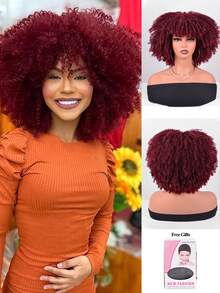 Short Afro Kinky Curly Wig With Bangs For Women High Temperature Synthetic Hair Wig Curly Afro Wigs For Women - Curly Afro Wigs Black Wig For Women Brown Gold Gradient 12 Inch Replacement Wigs Party Use Natural Black Hair Carnival Cosplay Wigs - 酒紅色 - 查看 3
