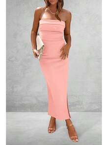Women's Summer Bodycon Maxi Tube Dress Ribbed Strapless Side Slit Long Going Out Casual Elegant Party DressesHalloween Christmas New Year - 粉色 - 查看 6