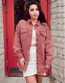 Vetinee Women's Oversized Button Up Frayed Hem Shacket Long Sleeve Pockets Denim Jean Jacket - 燒赭石 - 查看 4