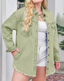 Vetinee Women's Oversized Button Up Frayed Hem Shacket Long Sleeve Pockets Denim Jean Jacket - 勞雷爾.格林 - 查看 8