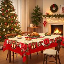 1pc Christmas Theme Polyester Tablecloth, Round Tablecloth Diameter 145cm, Rectangular Tablecloth 140x180cm, Christmas Decor Tablecloth/Tablecover, Red Christmas Floral Pattern Holiday Tablecloth, Christmas Holiday Table Center Decor, Christmas Party & Family Gathering Atmosphere Decoration Tablecloth. - Multicolor - View 6