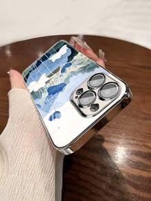 1 件时尚蓝莲花图案钢化玻璃材质带镜头膜，电镀防摔防刮防指纹 TPU 全边软手机壳，适用于苹果机型 - 彩色 - 查看 4