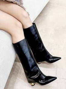 卡其色阔腿裤女筒靴，2025年新款夏季尖头直筒高筒靴，西部牛仔靴，黑色靴子 - 黑色 - 查看 4