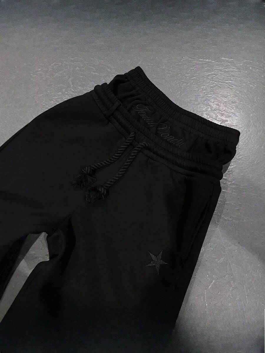 Popular Pentagram Print Series Teen Couple Casual Fake Two-Piece Wide-Leg Pants - 黑色 - 查看 1