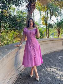 Simple Midi Dress Button Eyelet Embroidery Zipper Wedding - 查看 5