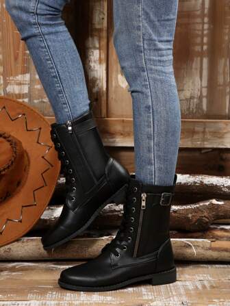 Women's Black Boots With Buckle Decor, Lace-Up, Side Zipper, Thermal Lined Mid-Calf Fashion Boots For Winter,Party