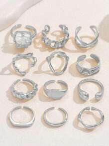 12pcs Women's Adjustable Asymmetrical Geometric Unique Design Luxury Ring Set [Some Rings Are Open But Not Adjustable] - Silver - View 4