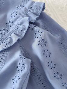 2pcs Girls Hollow Out Embroidery Collar Shirt And Skirt Set, Casual & Fashionable, Autumn/Winter/Spring - Blue - View 5