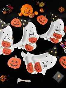 8pcs Halloween Ghost Paper Plates With Pumpkin Baskets - For Halloween Party Snacks & Decor