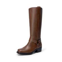 Women's Square Toe Motorcycle Knee High Boots Riding Pull-On Fashion Chunky Low Heel Buckle Decorated Long Boots For Women - Brown - View 7