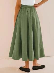 Womens A-Line Midi Skirt Elastic High Waist Pleated Flowy Swing Casual Long Skirt With Pocket - 橄欖綠 - 查看 2