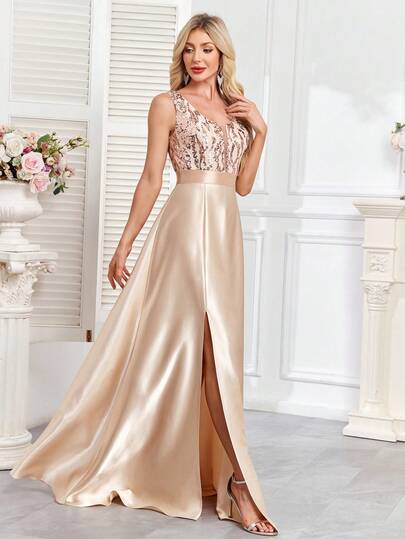 hezixi Sequin Patchwork Satin Scuba Dress, V-Neck, A-Line Skirt, Elegant Formal Evening Party Gown (Heavy Work), Prom Dress, For Wedding Guest, Graduation, Dinner, Christmas