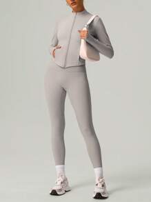 GOSOUER 2 PCS Co Ord Set Women's Classic Light Fleece Warm Outdoor Sports Jacket With Butt Lifting Yoga Legging For Winter Autumn - Grey - View 4