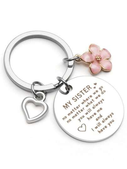1pc Women's "My Sister" Stainless Steel Keychain With Flower Pendant Gift For Friends & Sisters Birthday Keychain For Bag Car Accessories For Women