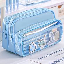 [ Cosmetic Bag] Large Light Blue Multi-Compartment Pencil Case | Twill Fabric With Clear Window, Portable Cosmetic Bag For Stationery, Makeup, And Accessories, Makeup Organizer,Back To School - Multicolor - View 7