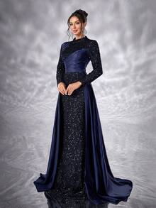 YISIKADO 女士正式晚礼服，优雅亮片撞色缎面高领长袖连衣裙，奢华闪亮舞会礼服，婚礼宾客礼服，适合毕业典礼、晚宴、春季派对等场合。 - 藏蓝色 - 查看 2