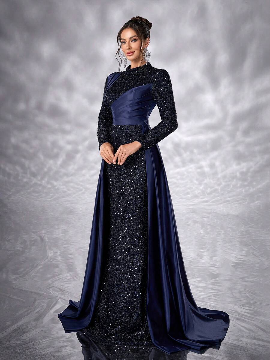 YISIKADO 女士正式晚礼服，优雅亮片撞色缎面高领长袖连衣裙，奢华闪亮舞会礼服，婚礼宾客礼服，适合毕业典礼、晚宴、春季派对等场合。