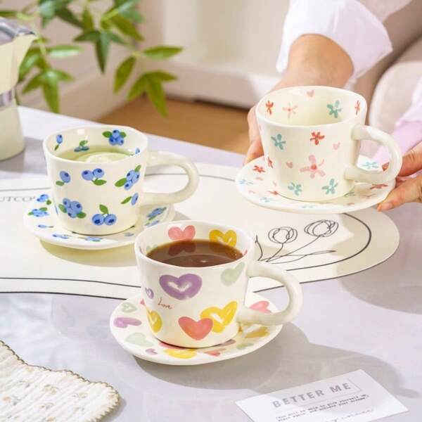 Nuevo juego de taza y platillo de café de cerámica hecho a mano de manera creativa, taza de cerámica de estilo lindo para uso doméstico, taza de té de la tarde de alta calidad, taza de agua, taza de café, con patrón asimétrico de lunares, adecuado para taza de desayuno, taza de leche, taza de latte, taza