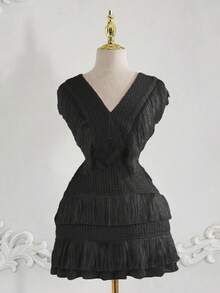 Jacquard V-Neck Tassel Textured A-Line Dress, Vacation Style, Party & Other Occasions - Black - View 5