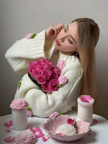 Senya Women Round Neck Long Sleeve Hand Crochet 3D Flower Knit Sweater, Casual Loose, Simple, Everyday, Romantic Dating, Holiday Sweater, Valentine's Day Pullover Top - Apricot - View 4