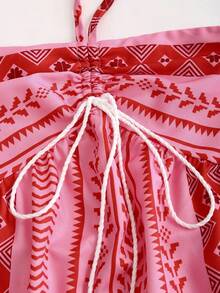 Women's Long Floral Bohemian Style Dress, Printed Halter Dress - Red - View 6