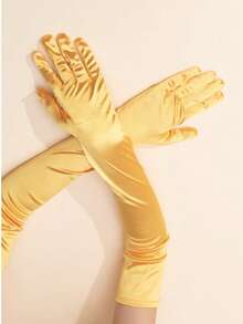 زوج من قفازات فستان طويلة الأكمام من القماش الأطلسي ذات اللون الأحادي الأنيق للنساء، مناسبة لملابس المناسبات العطلات