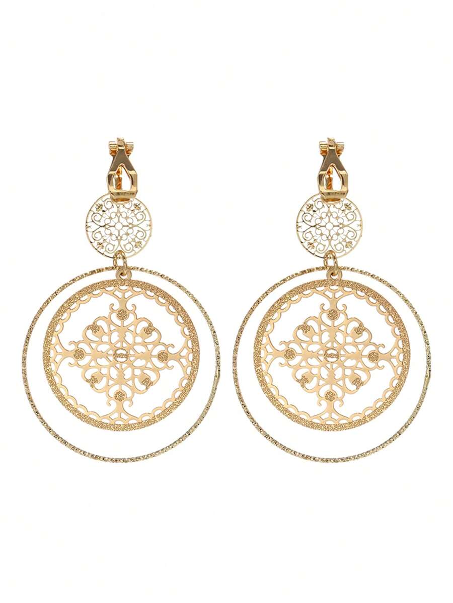 2pcs Hollowed Dsic Textured Round Clip On Earrings No Piercing Gold Color Big Circle Hoop Ear Clips For Women Girl Party Gift Jewelry