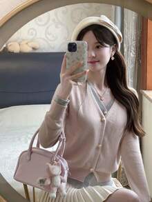 Korean Style Sweet & Cute Girl Slouchy Splice V-Neck Contrast Color Long Sleeve Sweater Cardigan, Spring/Autumn - Pink Gray - View 2