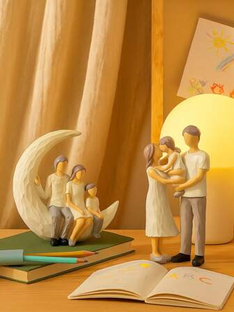 1 pieza Figura decorativa de familia con estilo de madera - Escultura decorativa de padre e hijo para colocar en mesa, estantería o regalar | Forma de luna o posición de abrazo | Decoración del hogar para dormitorio, sala de estar, guardería, uso diario u ocasiones especiales