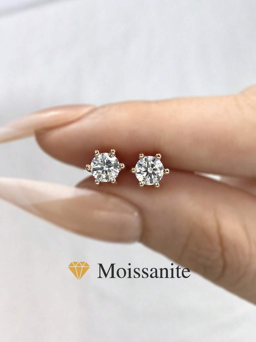 1Pair 6 Claws Classic Earrings 0.5CT-2.0CT Moissanite Rhinestone Earrings S925 Sterling Silver Wedding Earrings Engagement Stud Earrings Luxury Jewelry For Gifts Girls Women Anniversary - Rose Gold - View 1