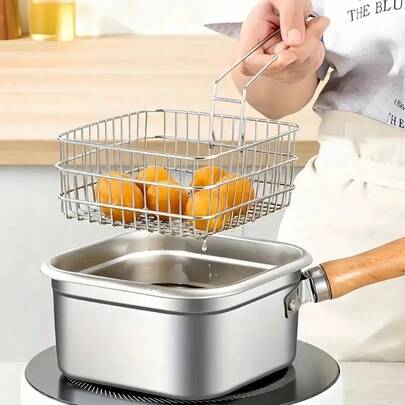 3/5pcs Japanese Stainless Steel Square Frying Pan, Household Milk Pan, Cooking Pan, Outdoor Portable Tempura Frying Pan, Universal Stove, Compatibility, Large Capacity, Soup Noodles, Spaghetti, Seafood Soup, With Transparent Sealing Cover, Removable Handle, With Steaming Rack, Frying Basket And Clip