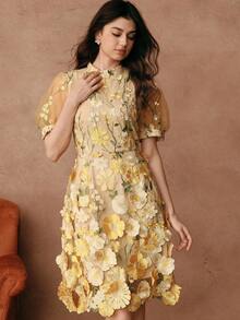 Savoree New Spring/Summer Women Urban Elegant Mesh Embroidered Jacquard Midi Dress, Suitable For Valentine's Day, Date Night, Vacation Outfits