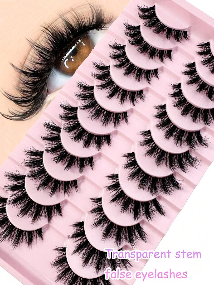 LYBCG 10 Pairs Natural Look False Eyelashes, Handmade Faux Mink Transparent Stem False Lashes, Lightweight & Reusable For Women's Daily Life Cosplay Manga Cat False Lashes Makeup And Work - 黑色 - 查看 1