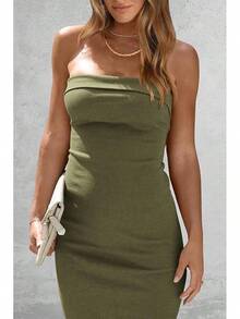 Women's Summer Bodycon Maxi Tube Dress Ribbed Strapless Side Slit Long Going Out Casual Elegant Party DressesHalloween Christmas New Year - 淺軍綠色 - 查看 3