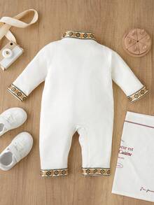 男婴中东风情印花长袖连体衣，适合户外穿着 - 白色 - 查看 2