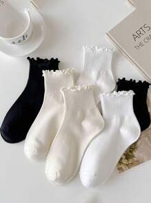 1 Pair/3 Pairs/6 Pairs Japanese Style Ruffle Socks, Cute Women Socks, Fresh Lace Trim Socks, Ruffle Decor Short Socks, White Ruffle Trim Casual Mid-Calf Socks - Multicolor - View 2