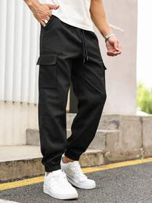 男士多口袋抽绳腰工装裤，纯色休闲宽松户外运动长裤，春秋舒适 - 黑色 - 查看 5