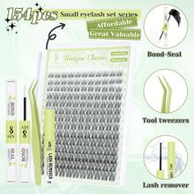 自然睫毛套装 154 片 DIY 睫毛套装 纤细睫毛套装 10-18 片混合装，含粘合剂和封层卸除剂以及镊子，睫毛簇 - 黑色 - 查看 2