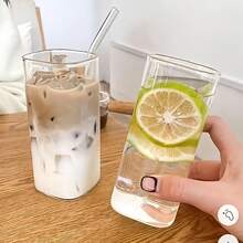 4-Piece Square Lidded Glass Cup With Straw And Straw Brush, Portable Drinking Cup, Iced Coffee Cup, Father's Day Cup, Perfect For Office, Party Supplies, Home, School, And Outdoor Use - Transparent - View 5