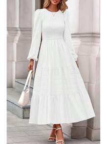 Vestidos Elegantes De Mujer Womens Long Sleeve Fall Dresses Casual Crew Neck Smocked High Waist Tiered Flowy Maxi Dress With Pockets - 白色 - 查看 2