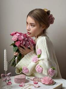 Senya Women Round Neck Long Sleeve Hand Crochet 3D Flower Knit Sweater, Casual Loose, Simple, Everyday, Romantic Dating, Holiday Sweater, Valentine's Day Pullover Top - Apricot - View 6