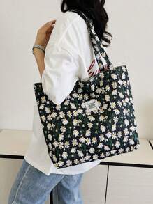 Cherry Print Simple Bucket Large Shoulder Tote Bag, Student Girl Shoulder School Bag, Heart Print Sweet Bag, Corduroy Tote Bag, Fashion Tote Bag For All Seasons - Black - View 8