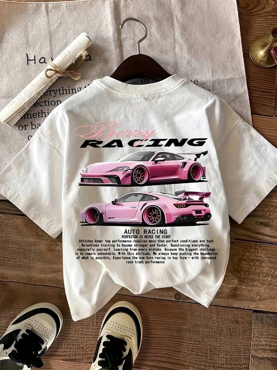 Women's Racing Car Graphic Print T-Shirt - Sporty Casual Short Sleeve Round Neck Top With Bold Pink Sports Car Design, Machine Washable All-Season Tee For Motorsport Enthusiasts, Car T Shirts, Durable Casualwear - 黑色 - 查看 1