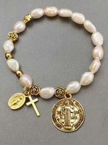 1pc Faux Pearl Beaded Flower & Cross Virgin Mary Pendant Bracelet, Vintage Style Suitable For Men And Women Daily Wear, Jewelry Gift