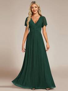 Vestido de noche elegante y sexy con cuello en V profundo, volantes y mangas cortas plisadas para mujer - Verde Oscuro - Ver 5