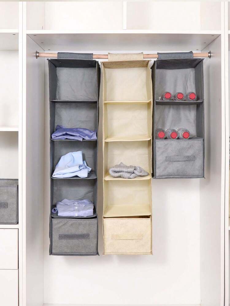 1pc Multi-Layer Non-Woven Fabric Hanging Storage Bag, Hanging Style Wardrobe/Kitchen Organizer Bag, Multi-Functional Storage Bag - Beige - View 7