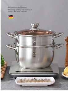 2layers Stainless Steel Steamer, SUS304 Material. Suitable For Making Soups, Seafood,Stews, Cream Soups And Small Cooking Pots, Gas Stoves And Induction Cookers Can Be Match - Silver - View 7