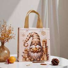 16pcs-Golden Christmas Theme Gift Bags Set, Non-Woven Fabric Bags, Tote Bags, Holiday Gift Bags With Warm Golden And Snowflake Tones, Decorated With Cheerful Santa Claus, Shiny Snowflakes, Christmas Flowers, Etc. Each Bag Features A Comfortable Golden Handle Suitable For Family Gatherings, Christmas Gift Packaging, Holiday Decoration(4/8/16pcs)